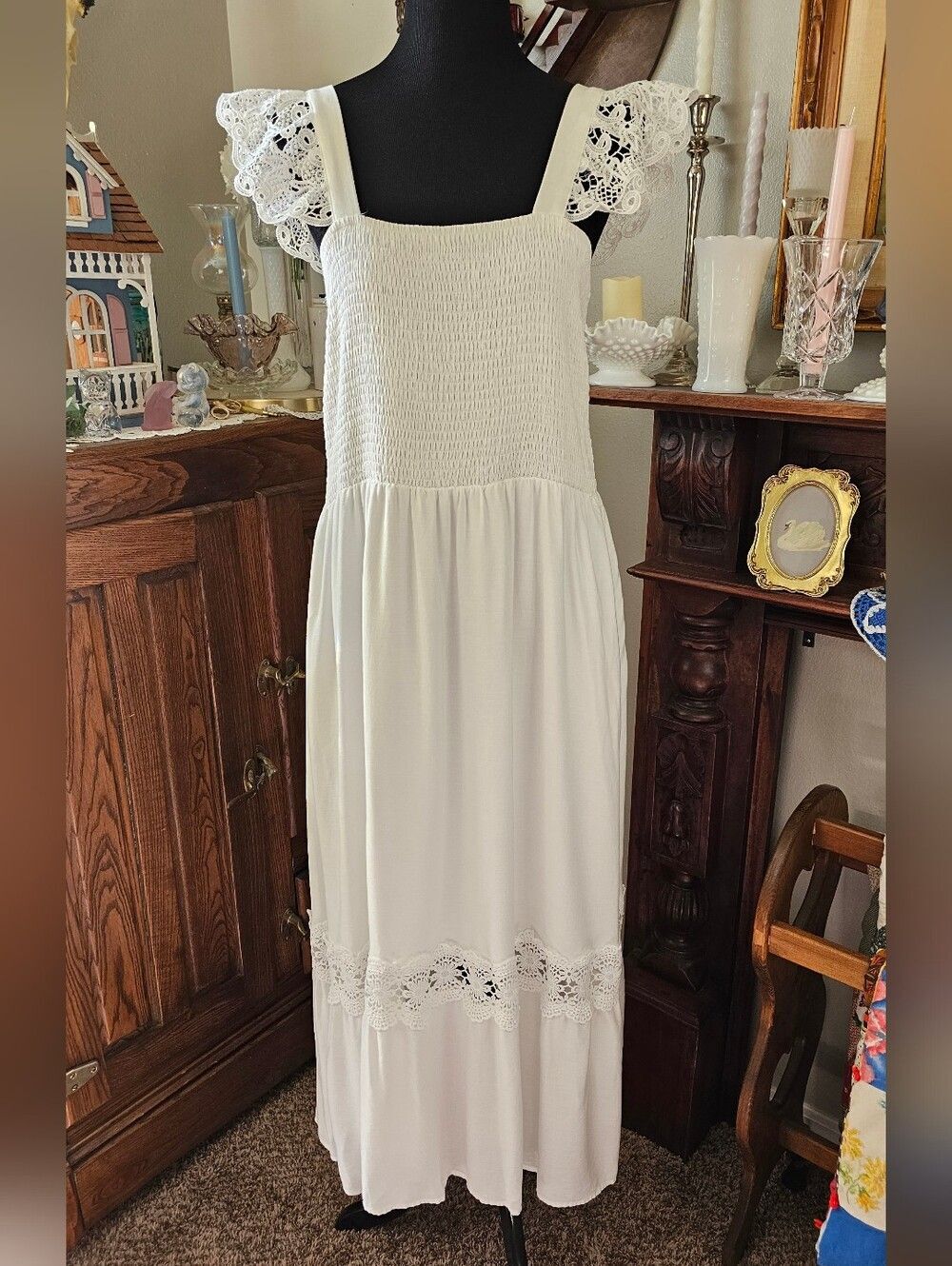 ZESICA White Smocked Lace Flutter Sleeve Maxi Dress Boho Cottagecore L